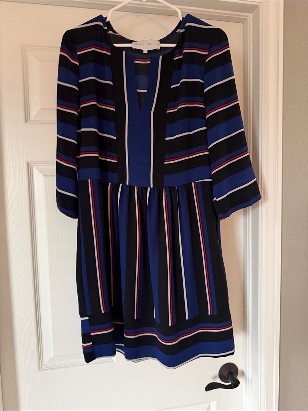 Charles Henry Navy, Black & White Striped Midi Dress with Red Accents
